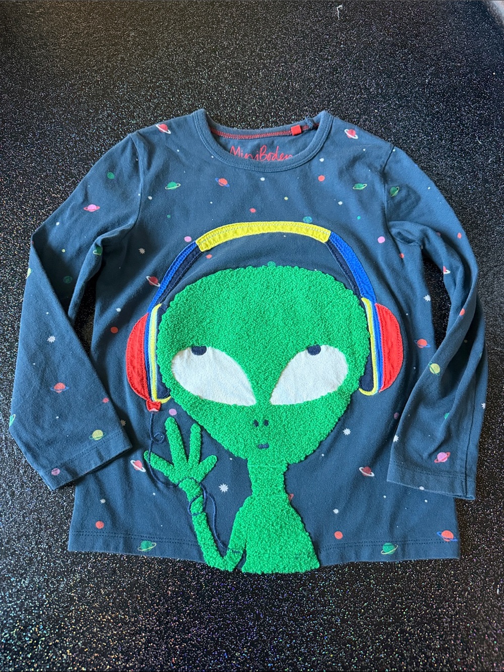 Mini Boden Green Alien Long Sleeved, Size 6-7